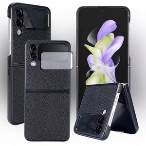 Leather Galaxy Z Flip 4 Case with External Screen Protector-Stylish & Protective
